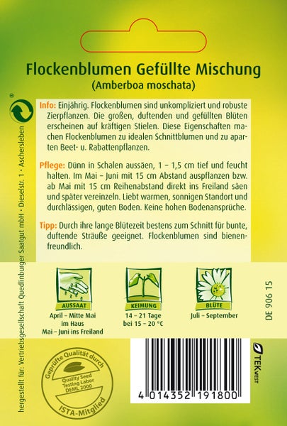 Rückseite einer Samentüte für Flockenblumen Gefüllte Mischung mit Informationen zu Aussaat, Pflege, Blütezeit, Qualitätssiegeln und TEKWEST Logo.