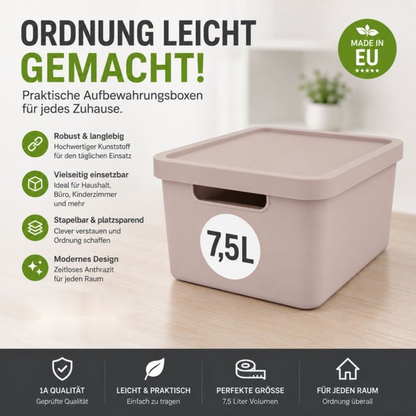 Stabile Kunststoff Aufbewahrungsbox mit Deckel 7,5 Liter, stapelbar für Haushalt, Büro und Kinderzimmer, hergestellt in Europäische Union.