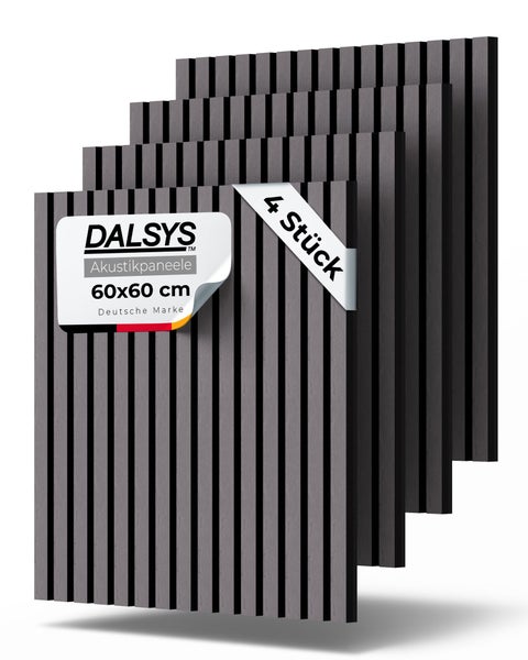 Dalsys Akustikpaneele 60 mal 60 Zentimeter im 4er-Pack mit Lamellen-Optik in Anthrazit.