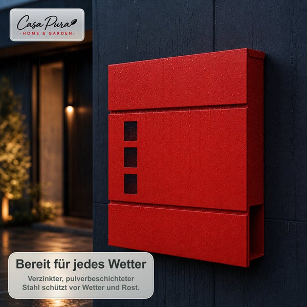 Wandbriefkasten aus verzinktem, pulverbeschichtetem Stahl mit Sichtfenstern für die Außenmontage an der Hauswand.