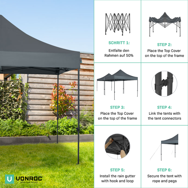 VONROC Pavillon 6x3m wasserdicht stabil - Partyzelt EasyUp System [3Min Aufbau] Popup Faltpavillon modular erweiterbar als Festival Zelt, Gartenpavillon