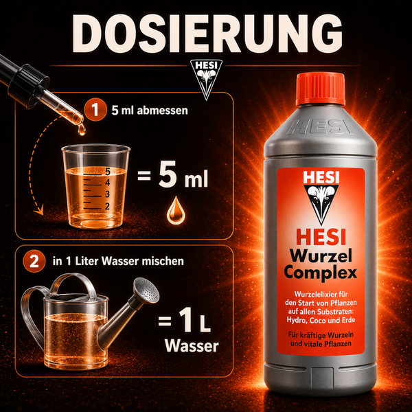 Anleitung zur Dosierung von Hesi Wurzel Complex mit Dosierungsschritt fuer 5 Milliliter auf 1 Liter Wasser fuer kraeftige Wurzeln und vitale Pflanzen.