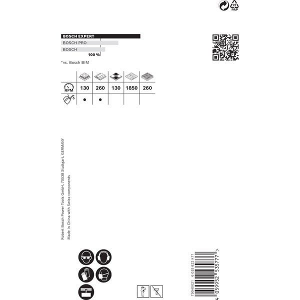 Produktinformationen von Bosch: Leistungsklassifizierung, Drehzahlangaben und Sicherheitshinweise.