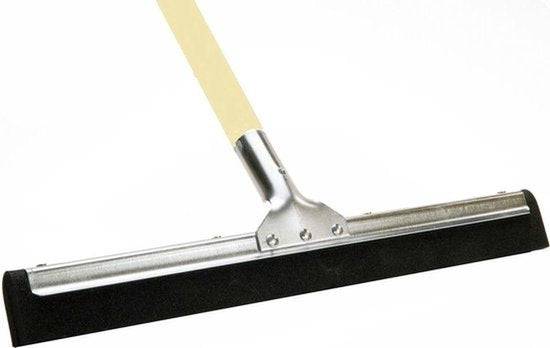 Wasserschieber mit Metallgestell, schwarzer Gummilippe und Holzstiel für die Bodenreinigung.