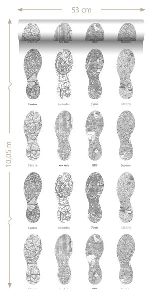 Tapete mit Fußabdruck-Design und Stadtplänen verschiedener Städte, 53 cm breit und 10,05 m lang