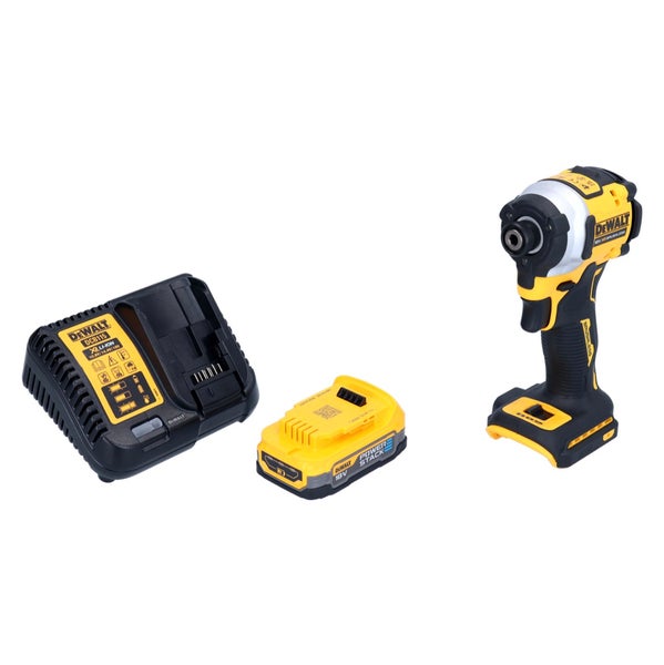 DeWalt Akku-Schlagschrauber Set bestehend aus einem Akku-Schlagschrauber, einem 18 Volt PowerStack Akku und einem DCB115 Ladegerät.