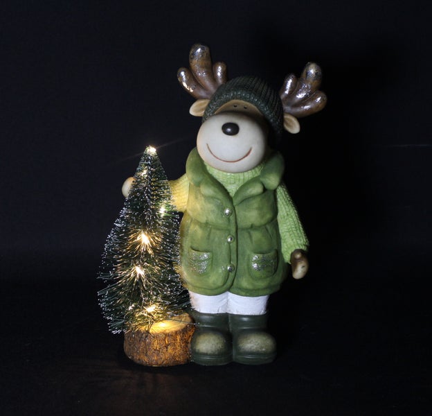 Dekofigur Elch mit beleuchtetem Tannenbaum für die Weihnachtsdekoration