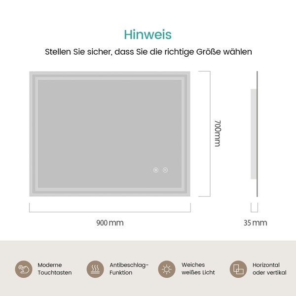 EMKE Badspiegel mit LED-Beleuchtung 90 x 70 cm, Kaltweiß 6500K, Touchschalter & Beschlagfrei, dimmbar, IP44, für Bad