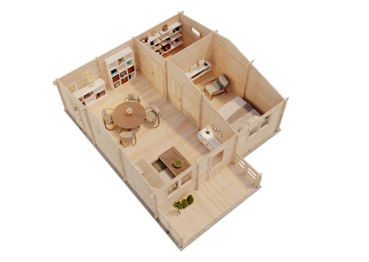 Alpholz Gartenhaus Hakan Gartenhaus aus Holz in natur, Holzhaus mit 44 mm Wandstärke inklusive Terrasse Blockbohlenhaus imprägniert 7,2x7,7m