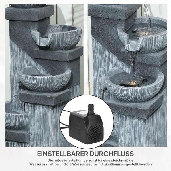 Outsunny Springbrunnen Outdoor aus Kunstharz vierstöckig Gartenbrunnen mit LED Beleuchtung Pumpe Steinoptik Dekorationsbecken Zimmerbrunnen Wasserspiel für Garten Terrasse 38 x 36 x 85 cm Grau