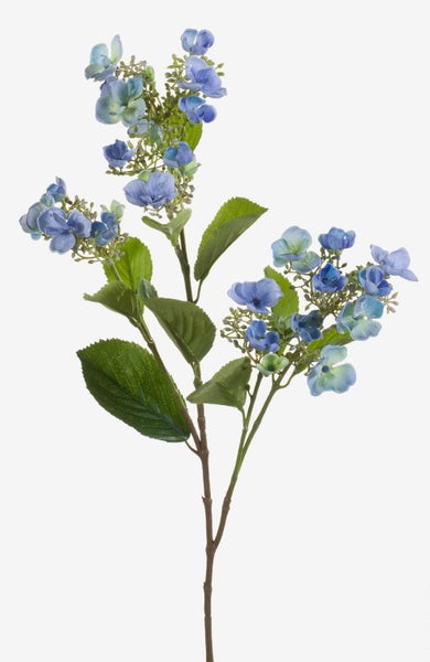 Künstlicher Hortensienzweig mit blauen Blüten und grünen Blättern an einem braunen Stiel.