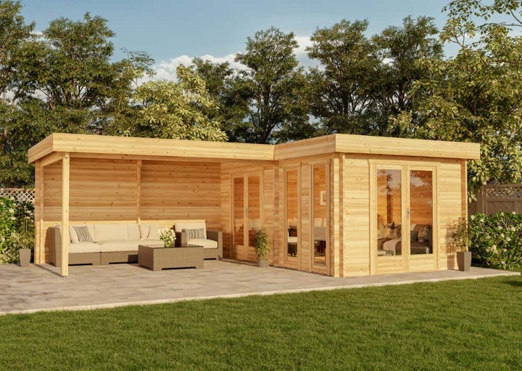 Alpholz Flachdach Gartenhaus Quinta ISO Gartenhaus aus Holz Holzhaus mit 44 mm Wandstärke inklusive Schleppdach FSC zertifiziert, Blockbohlenhaus mit Montagematerial imprägniert 7x5m