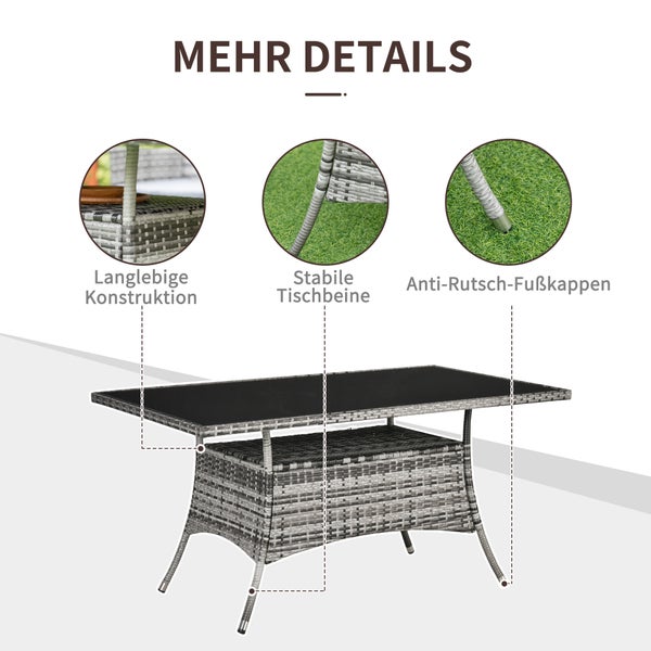Outsunny Beistelltisch, 150L x 85B x 74H cm, Metall, Sicherheitsglas, Polyrattan, mehrfarbig