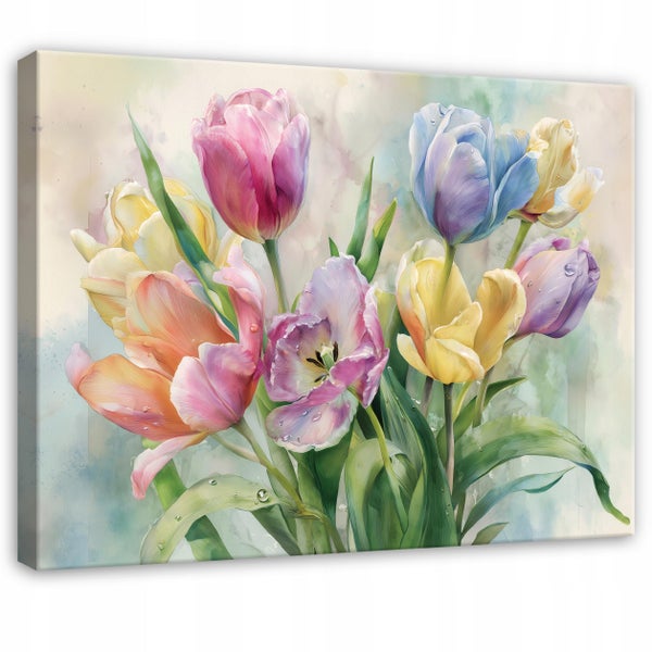 Wandbild auf Leinwand mit einem Aquarellgemälde eines Tulpenstraußes, das verschiedene Tulpensorten in frühlingshafter Optik zeigt.