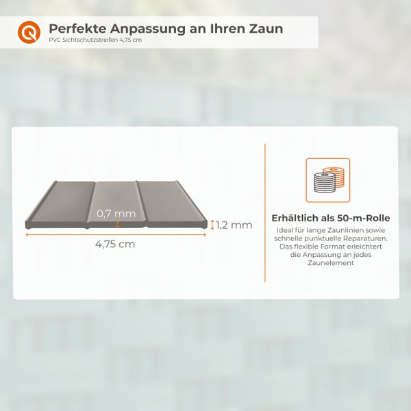 PVC-Sichtschutzstreifen, Breite 4,75 Zentimeter, Dicke 1,2 und 0,7 Millimeter. Erhältlich als 50-Meter-Rolle. Quiet.T Logo.