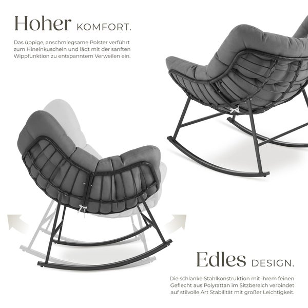Moderner Schaukelstuhl mit Stahlgestell, Polyrattan-Geflecht und dicken Polstern. Die Abbildung zeigt die Wippfunktion und das Design.