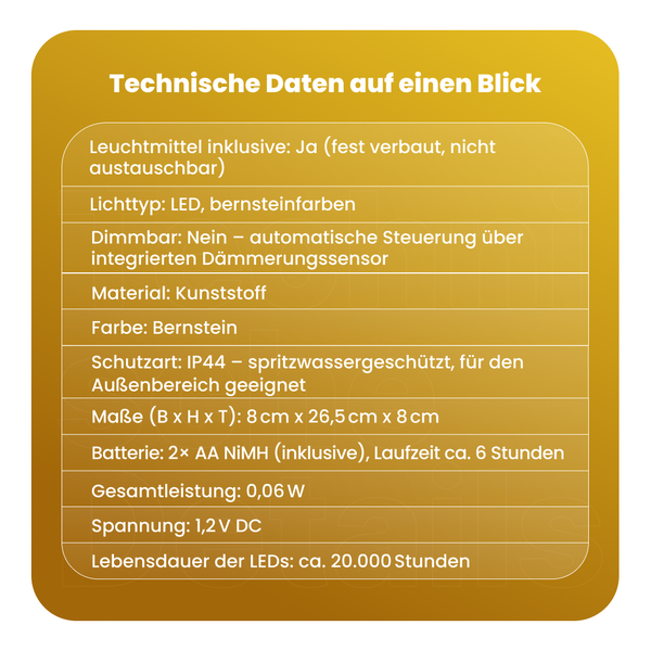 Technische Daten: Inklusive Leuchtmittel, LED bernsteinfarben, nicht dimmbar, Kunststoff, Schutzart IP44, Maße 8x26,5x8 cm, Batterie 2x AA NIMH, Leistung 0,06 W, Spannung 1,2 V DC, Lebensdauer LEDs circa 20.000 Stunden.
