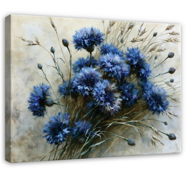Wandbild auf Leinwand mit blauen Kornblumen und Ähren im künstlerischen Stil
