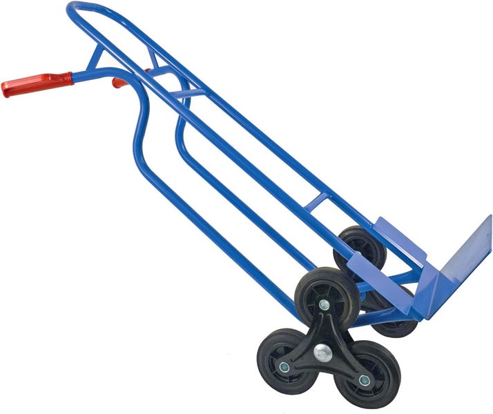 Blaue Sackkarre mit roten Griffen