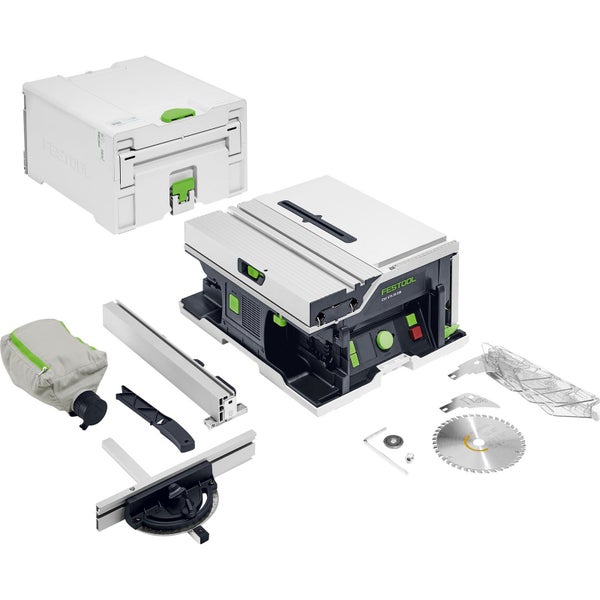 Akku-Tischkreissäge Festool CSC SYS 50 EBI mit Systainer, Anschlägen, Sägeblatt und Zubehör.
