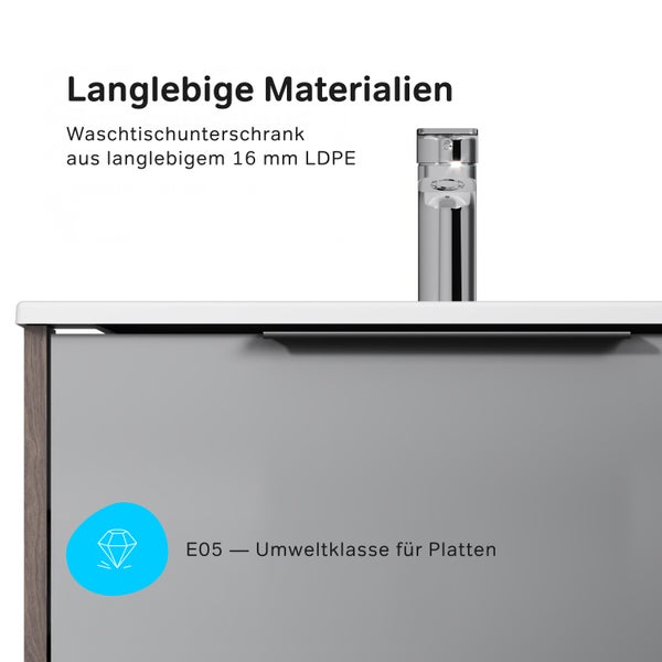 Waschtischunterschrank aus 16 Millimeter LDPE Material mit einem E05 Zertifikat für Plattenwerkstoffe und Armatur.