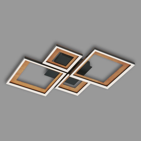 Moderne LED-Deckenleuchte in Holzoptik mit vier quadratischen Rahmen in Braun und Weiß.