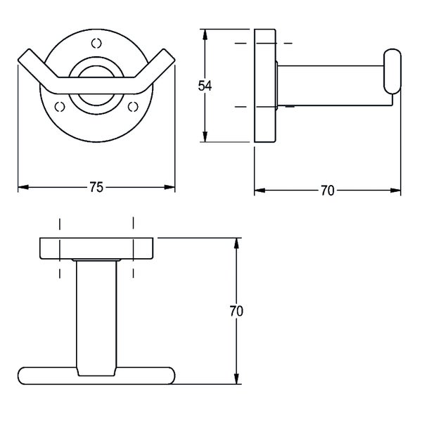 Technische Zeichnung eines Doppelhakens mit Maßen: Breite 75 Millimeter, Höhe der Rosette 54 Millimeter, Tiefe 70 Millimeter.