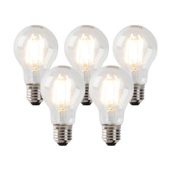 Fünf LED-Filament-Leuchtmittel in klassischer Birnenform mit E27-Sockel und klarem Glas. LUGDD Logo.