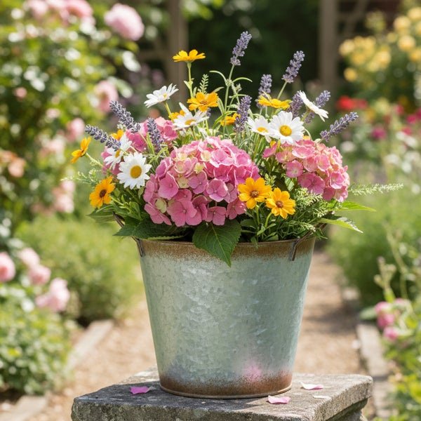 Bunter Blumenstrauß mit rosa Hortensien, gelben und weißen Margeriten sowie Lavendel in einem rustikalen verzinkten Metalleimer im Garten.