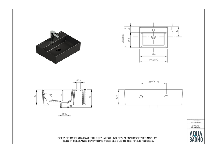 Aqua Bagno Basic Plan Waschbecken 10.16.30.02.04 – 50 x 38 cm – Schwarz Matt – Keramikbecken mit Hahnloch & Überlauf