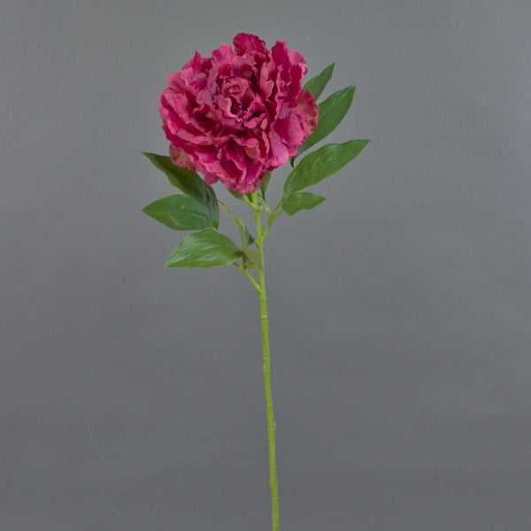 Künstliche Pfingstrose mit dunkelrosa Blüte und grünem Stiel mit Blättern.