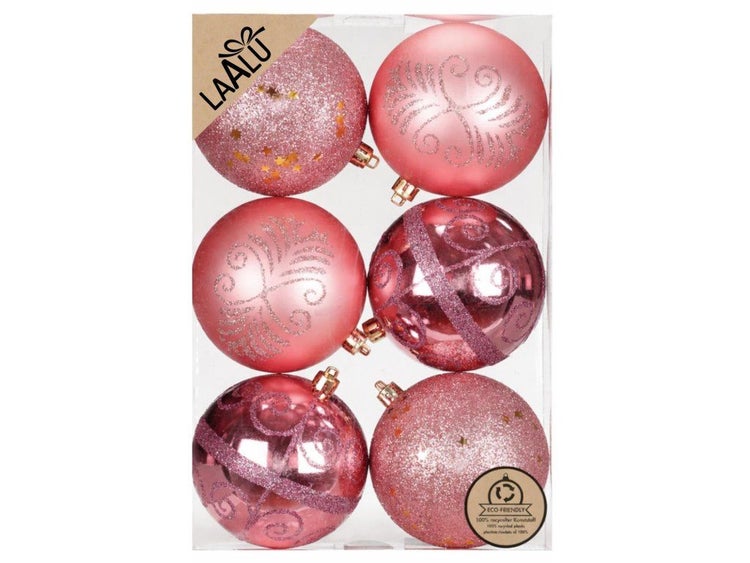 Set mit sechs Weihnachtskugeln in verschiedenen Oberflächenausführungen inklusive Laalu Logo und Umweltsiegel