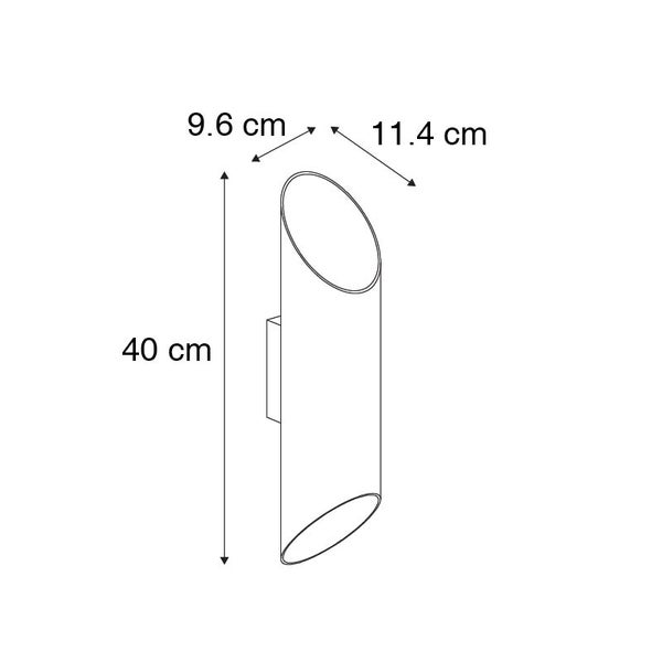 Skizze einer Wandleuchte mit Abmessungen 40 cm Höhe, 9,6 cm Breite und 11,4 cm Tiefe.