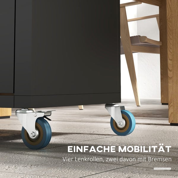 HOMCOM Küchenwagen mit Rollen, Servierwagen, Küchentrolley mit Schrank, Haken und Edelstahlgriffe, Rollwagen, Küchenhilfe, Schwarz, 86 x 50 x 86,5 cm