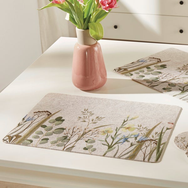 FRANK FLECHTWAREN | Platzmatte Blumenwiese, 4er Set, FILZ AUS PET, 43 x 30 x 0,3 cm