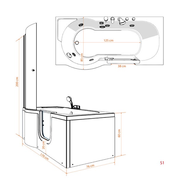 Seniorendusche Sitzwanne mit Tür S12D-R-EC 85x170 cm