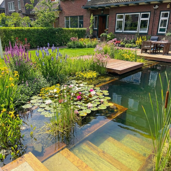Naturnaher Schwimmteich mit Holzstufen unter Wasser, Seerosen und Holzsteg in einem Garten mit Pflanzen vor einem Wohnhaus.
