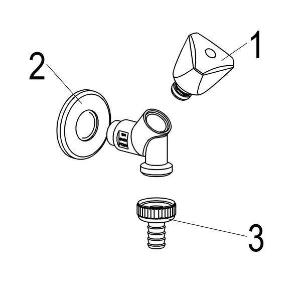Technische Zeichnung eines Eckventils mit nummerierten Einzelteilen: 1 Dreikantgriff, 2 Wandrosette, 3 Schlauchanschluss.