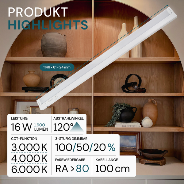 LED-Möbelleuchte: 16 Watt, 1600 Lumen, 120 Grad, dimmbar, 3000 bis 6000 Kelvin, 100 Zentimeter Kabel. Maße 1146 mal 61 mal 24 Millimeter.
