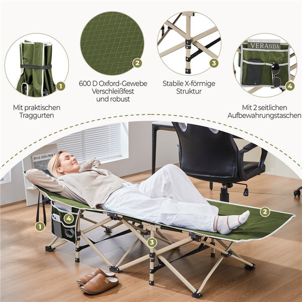 Feldbett mit Oxford Gewebe, X-förmiger Struktur und Seitentaschen