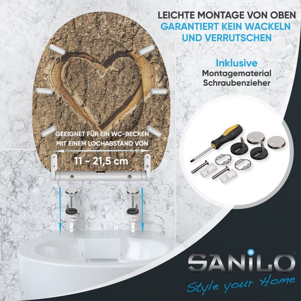 Sanilo WC-Sitz mit Herz-Baumrinden-Motiv, inklusive Befestigungsmaterial für einfache Montage von oben bei 11 bis 21,5 Zentimeter Lochabstand.