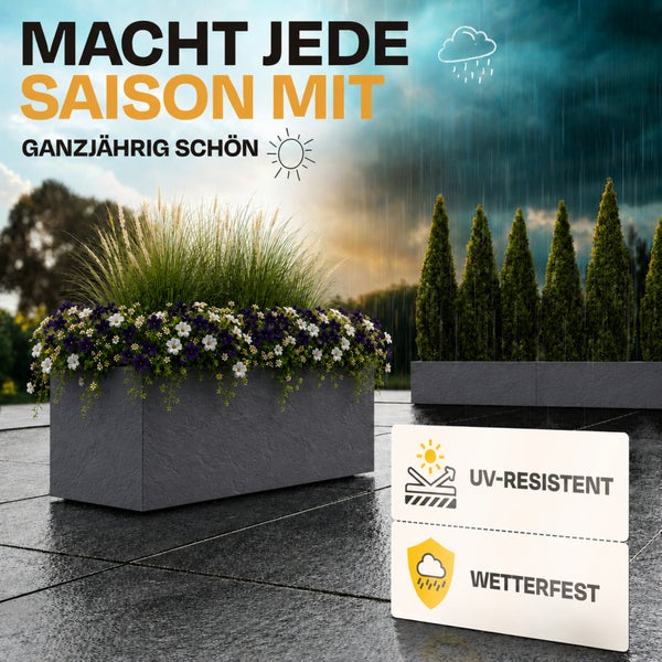 Rechteckiger Pflanzkasten auf einer Terrasse mit Blumen, UV-beständig und wetterfest für den ganzjährigen Einsatz im Außenbereich.