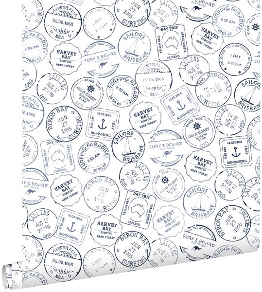 ESTAhome Tapete australische Surf-Stempel Dunkelblau und Weiß - 53 cm x 10.05 m - 138980