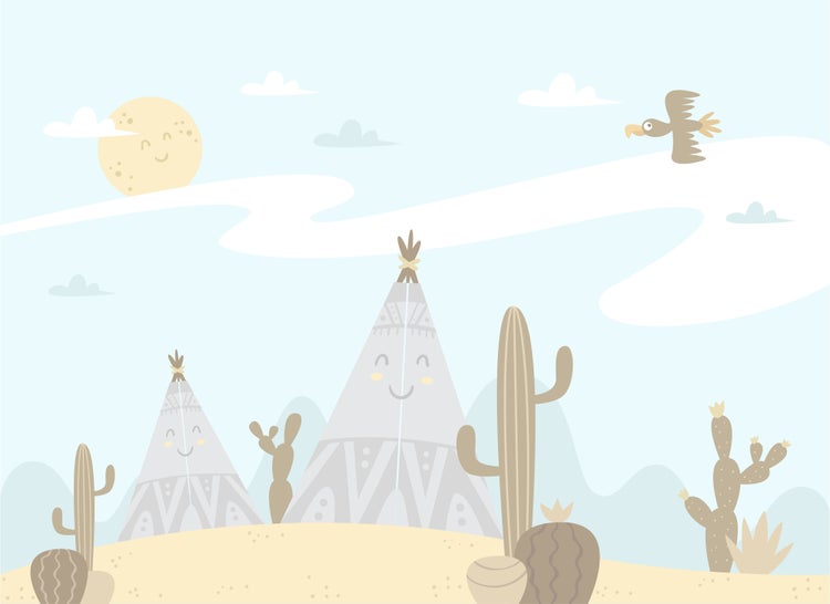 Kindertapete mit Wüstenlandschaft, Tipis mit Gesichtern, Kakteen und lachender Sonne.