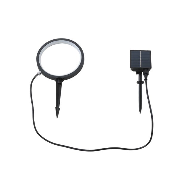 Schwarze Solar-LED-Ringleuchte mit Erdspieß und externem Solarpanel für den Garten.
