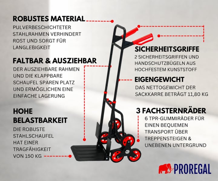 Proregal Treppensteiger Sackkarre mit Stahlrahmen, einklappbarer Schaufel, Sicherheitsgriffen und Sternrädern für bis zu 150 Kilogramm Belastung.