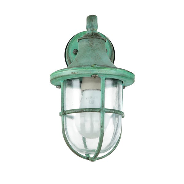Maritime Außenwandleuchte mit Schutzkorb aus Kupfer und Klarglas