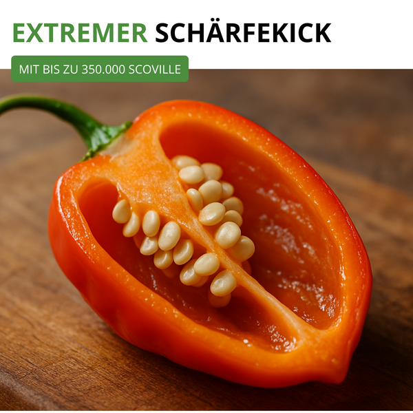 Halbierte Chilischote mit Samen auf Holz, Text Extremer Schärfekick mit bis zu 350.000 Scoville.