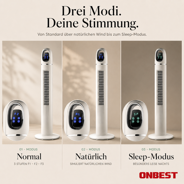 Onbest Turmventilator mit drei Modi: Normal mit drei Stufen, Natürlicher Wind und leiser Schlafmodus. Onbest Logo.