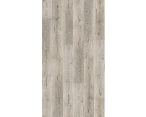 Laminatboden in Holzoptik mit rustikaler Maserung und Astlöchern.
